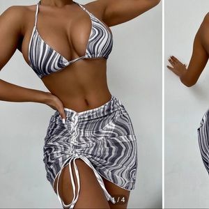 3pack Wave Print Triangle Bikini Swimsuit & Skirt